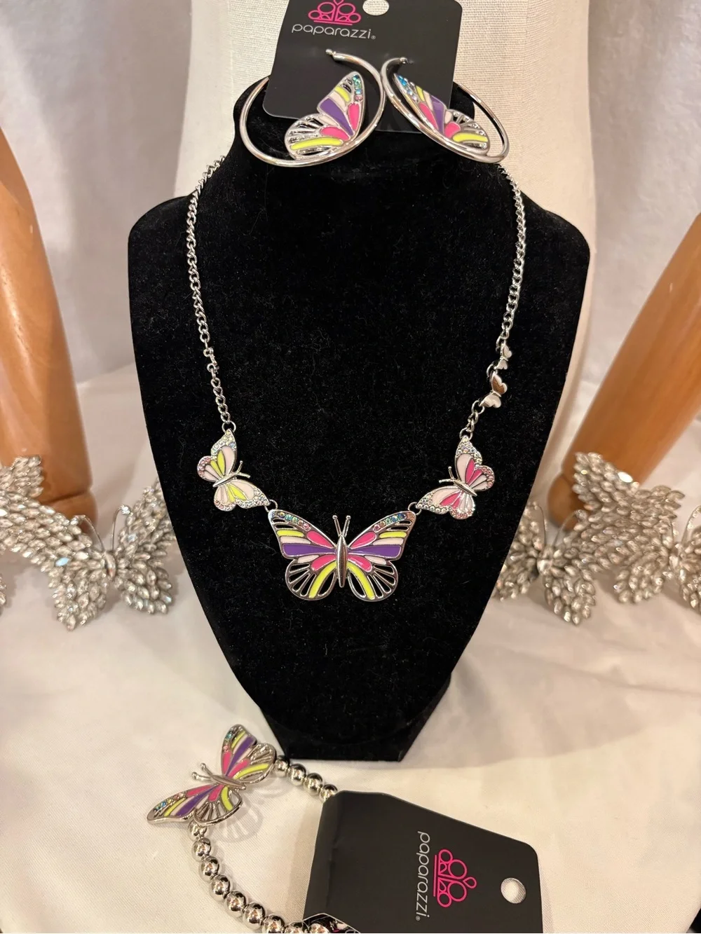 paparazzi Pink Purple Lime Butterfly Necklace and Hoop Earring Set